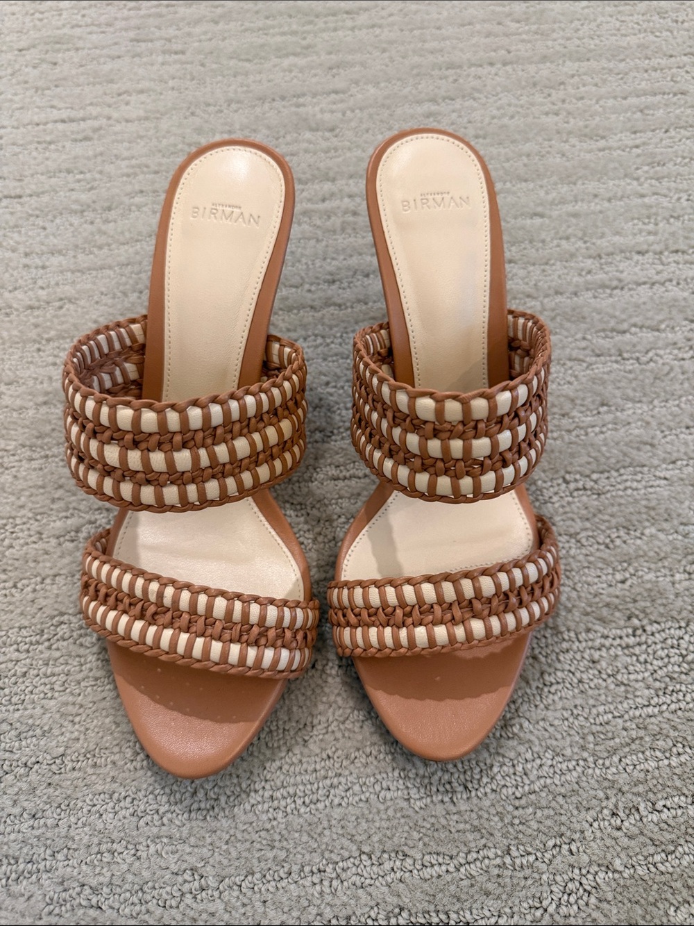 Alexandre Birman Woven Leather Slide Sandals in Tan and Cream